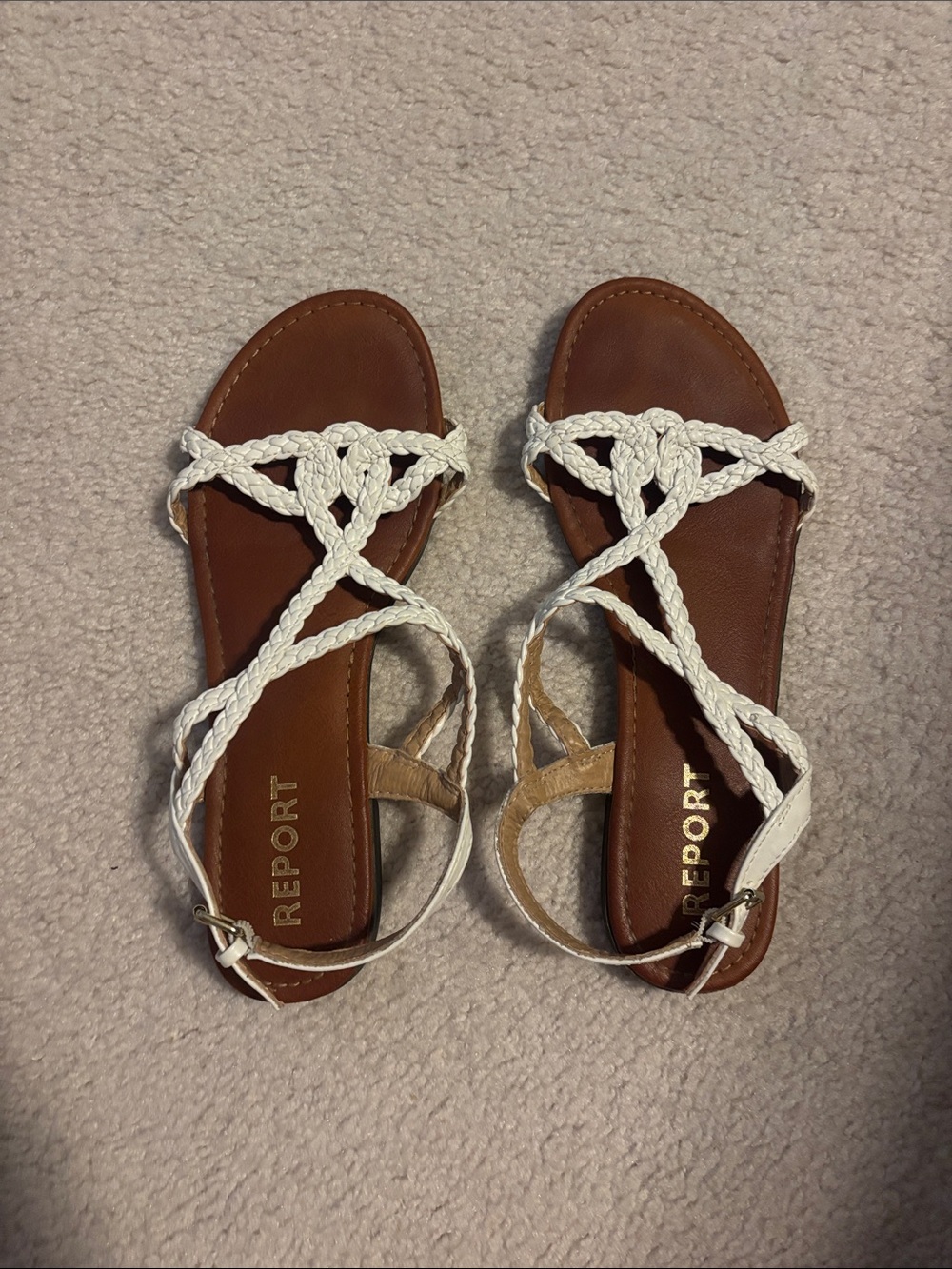 Report White Braided Strappy Sandals with Brown Footbed